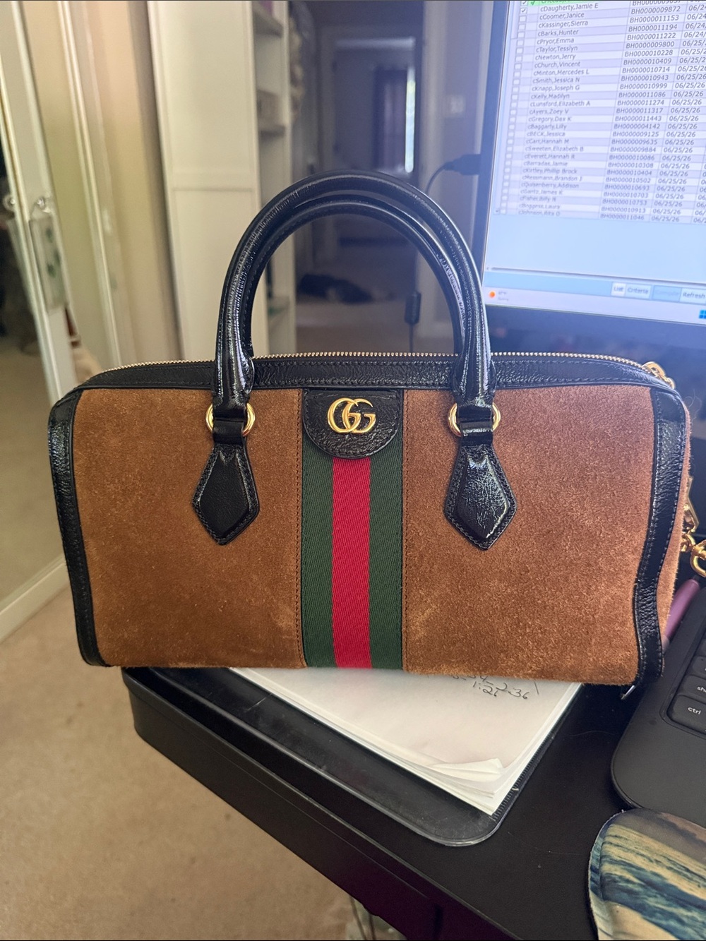 Gucci Brown Suede Top-Handle Bag with Black Trim and Green-Red Web